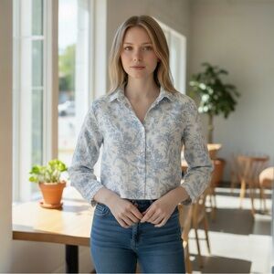 Laura Ashley Light Blue and White Patterned Button Down Shirt